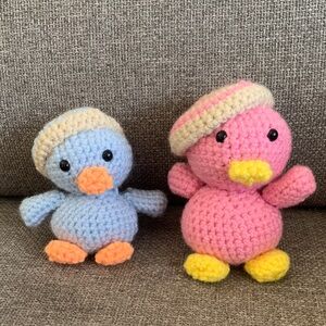 Handmade Crochet Set of 2 Ducks Knit Plush 4” and 5” Stuffed Animals